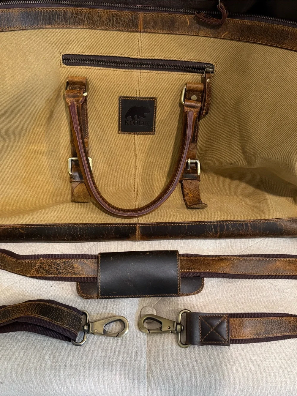 Kodiak Tan Canvas Duffel with Brown Leather Trim